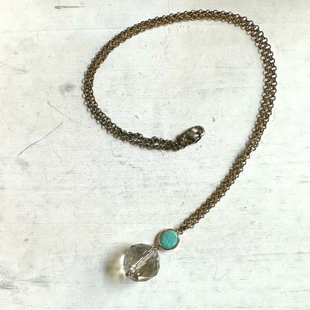 Long crystal ball and faux turquoise pendant necklace